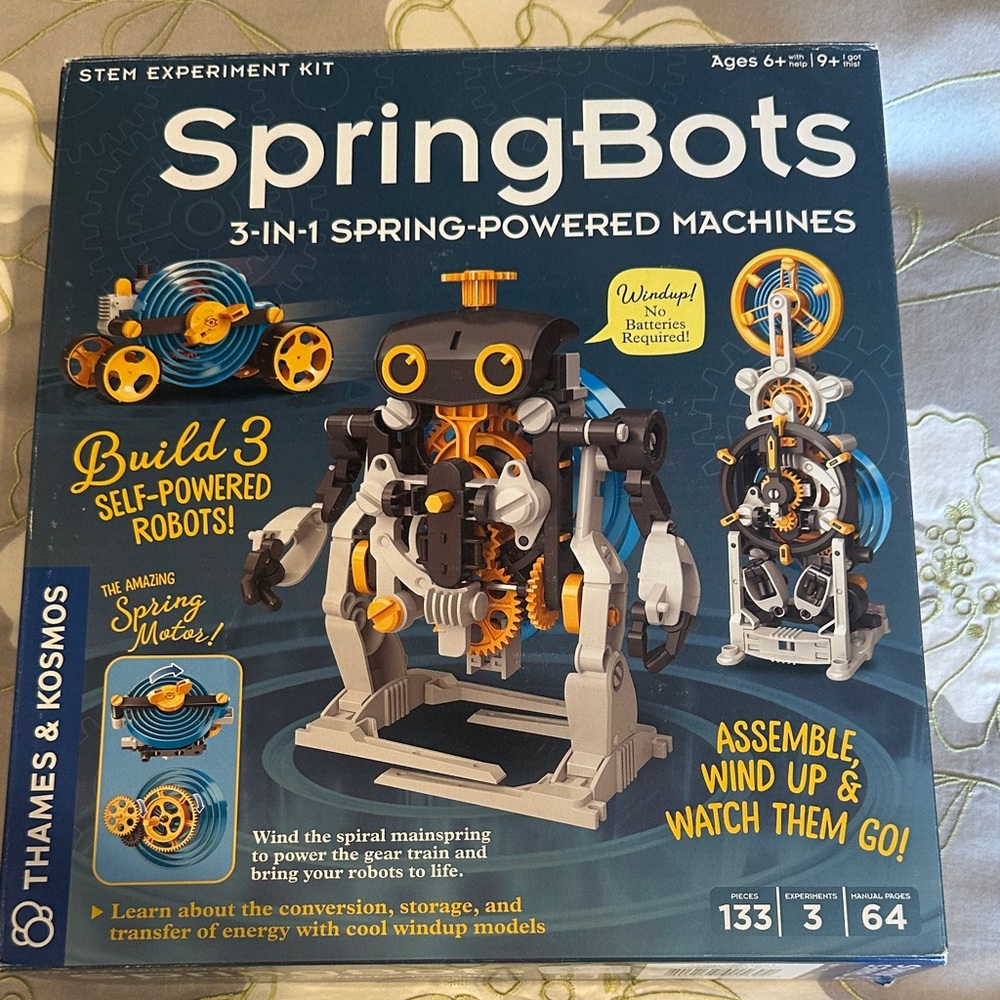 SpringBots 3-in-1 Spring-Powered Building Kit - Blue, Yellow, Gray